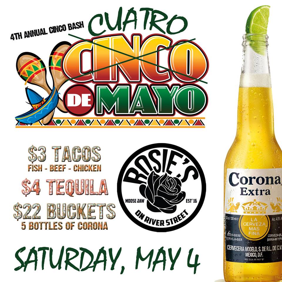 It's the Unofficial start of Summer Every Year - The Cinco de Mayo Patio Bash @ Rosie's. Once again, we will be Celebrating Mexican Independence with Buckets of Coronas, $3 Tacos & $4 Tequila ALL DAY!!!