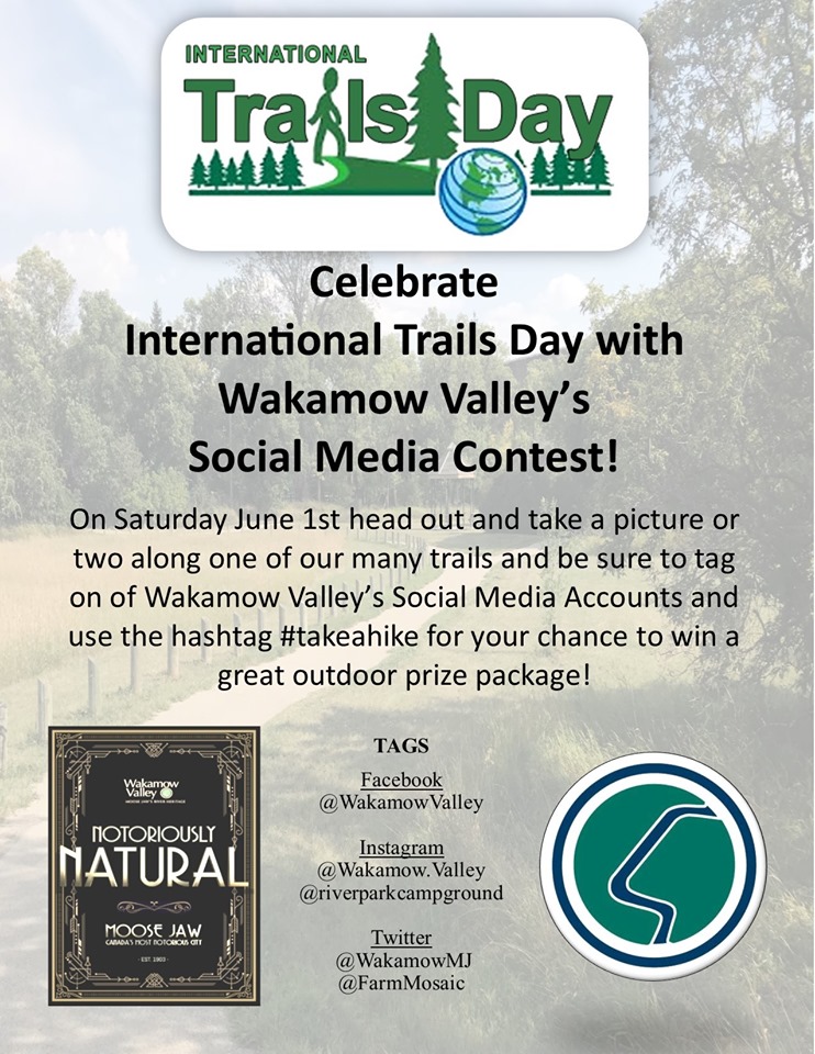 As part of June is Recreation and Parks Month along with International Trails Day we are encouraging you to go and explore one of the many trails in Wakamow Valley. Take some photos, tag Wakamow Valley, use the Hashtag #Takeahike and upload to Instagram, Twitter or Facebook for your chance to win an outdoor prize package. Only pictures taken in Wakamow and submitted on International Trails Day will be eligible to win.