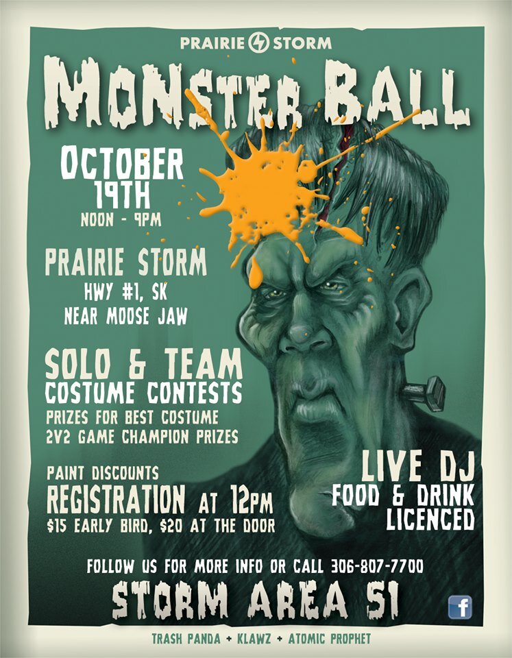 Prairie Storm's second annual Halloween Dress-up event is back! We will have three main events: - 2v2 Kings Court - Storm Area 51 - Infected Live DJ's Licensed Food and Drinks Darts and Axe Throwing Prizes throughout the day including best costume and best team costume. 20$ field fee at the door, includes rental gear if needed. Spectators are welcome at no additional cost.
