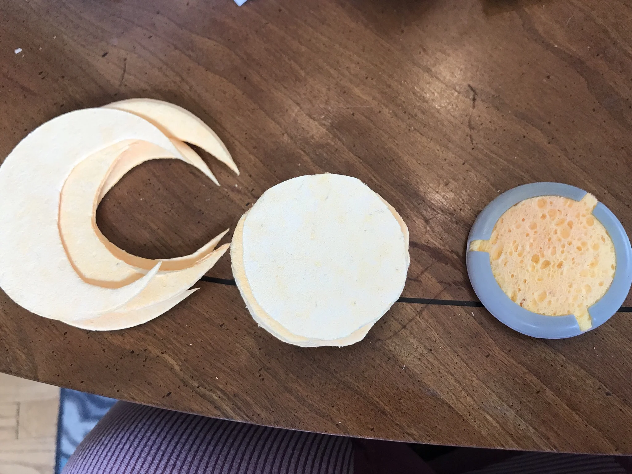 Sponge detritus, the sponges cut out to size (they’re thin and compact before they get wet), and the finished product in the electrode for the Fisher-Wallace Stimulator.