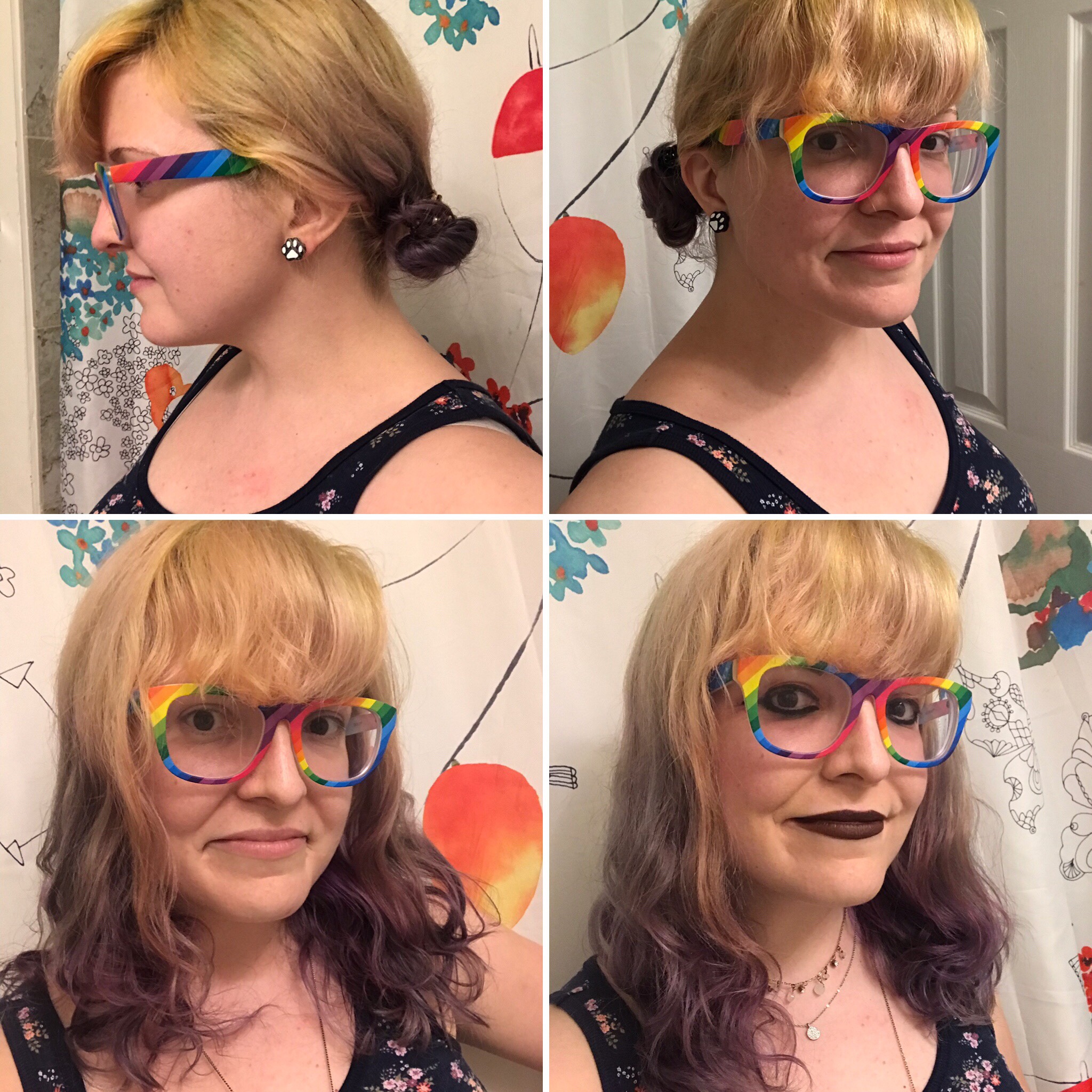 Half dry hair in low buns at top, lower left shows the hair immediately after several hours drying in the low buns. lower right shows the final look after it’s all dried post-makeup.