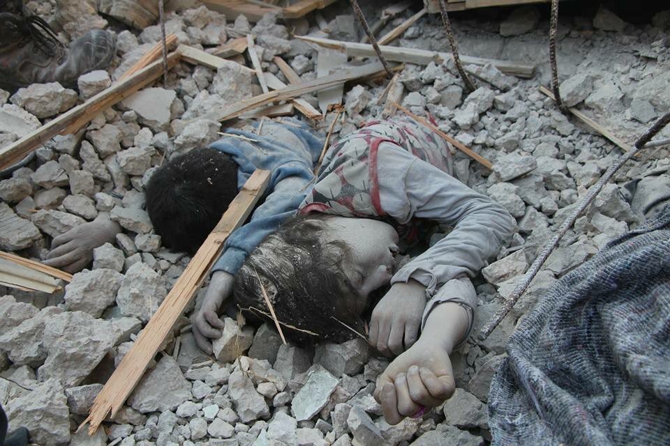  April 18th, 2017. Two children’s corpses found in Ma’aret Hurmah, Idlib, after an airstrike. 