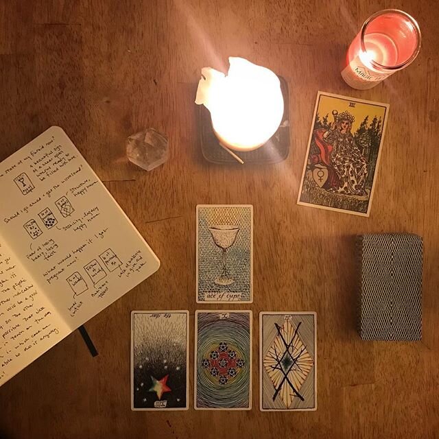 ✨This is a spread I did last August about fertility and Empress energy. Looking back on it now, I can see that what was holding me back at that time was a lack of faith - the Star reversed. Many of you have followed my fertility journey and I am beyo