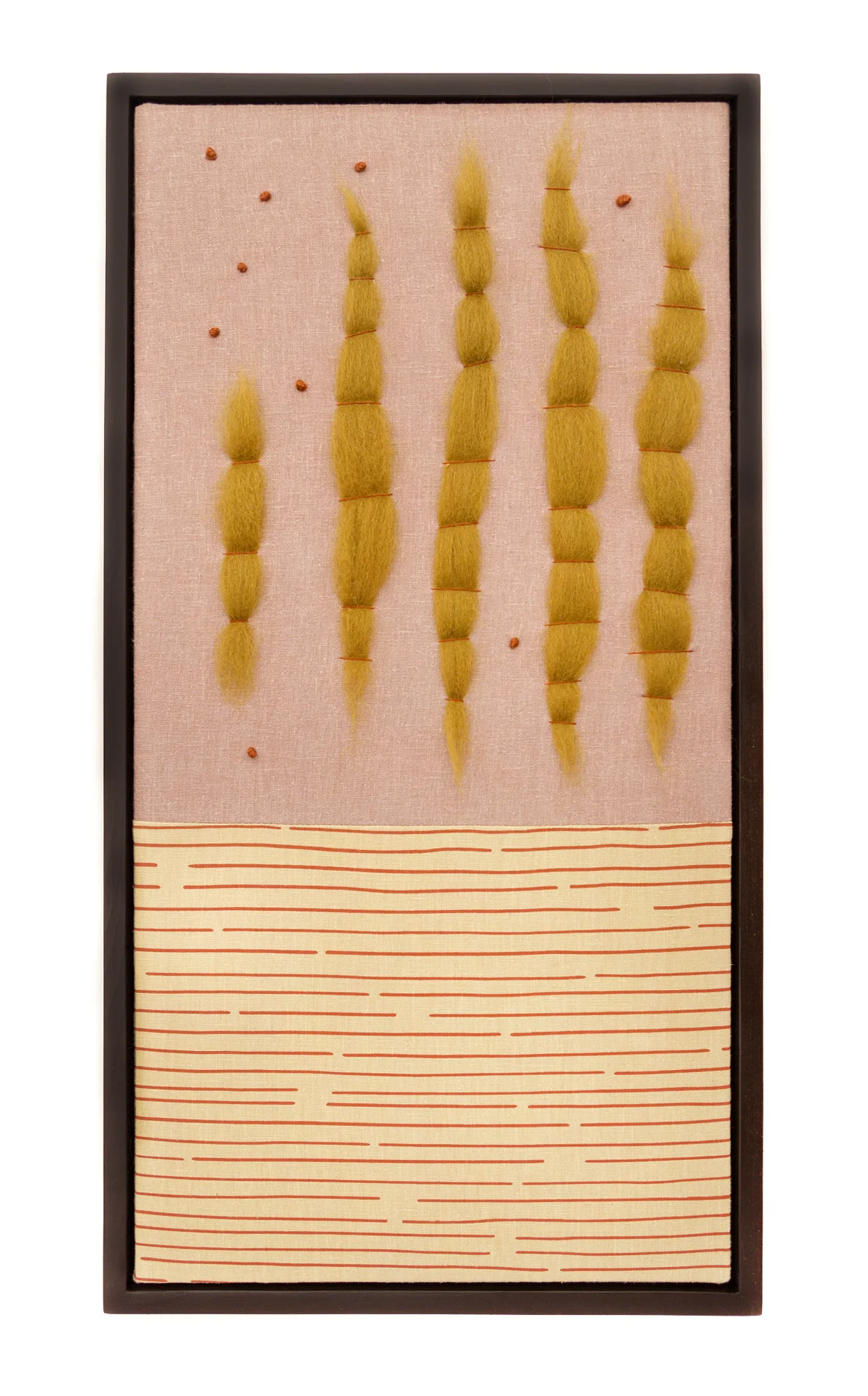 Line by Line Silkscreen, hand-dyed hemp fabric, cotton embroidery, wool roving, upholstered on wooden board with wood frame. 13.25" x 25.25" x 2.5" 2018