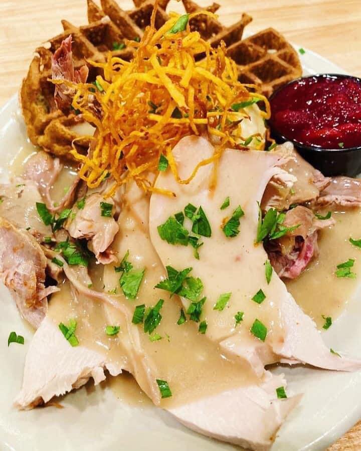 Available for lunch and dinner&hellip;one of your seasonal favorites it&rsquo;s back at Train Wreck! The Drunken Waffle&ndash;Savory stuffing waffle topped with roasted turkey, Yukon mashed potatoes, turkey gravy, and topped with sweet potato crunchi