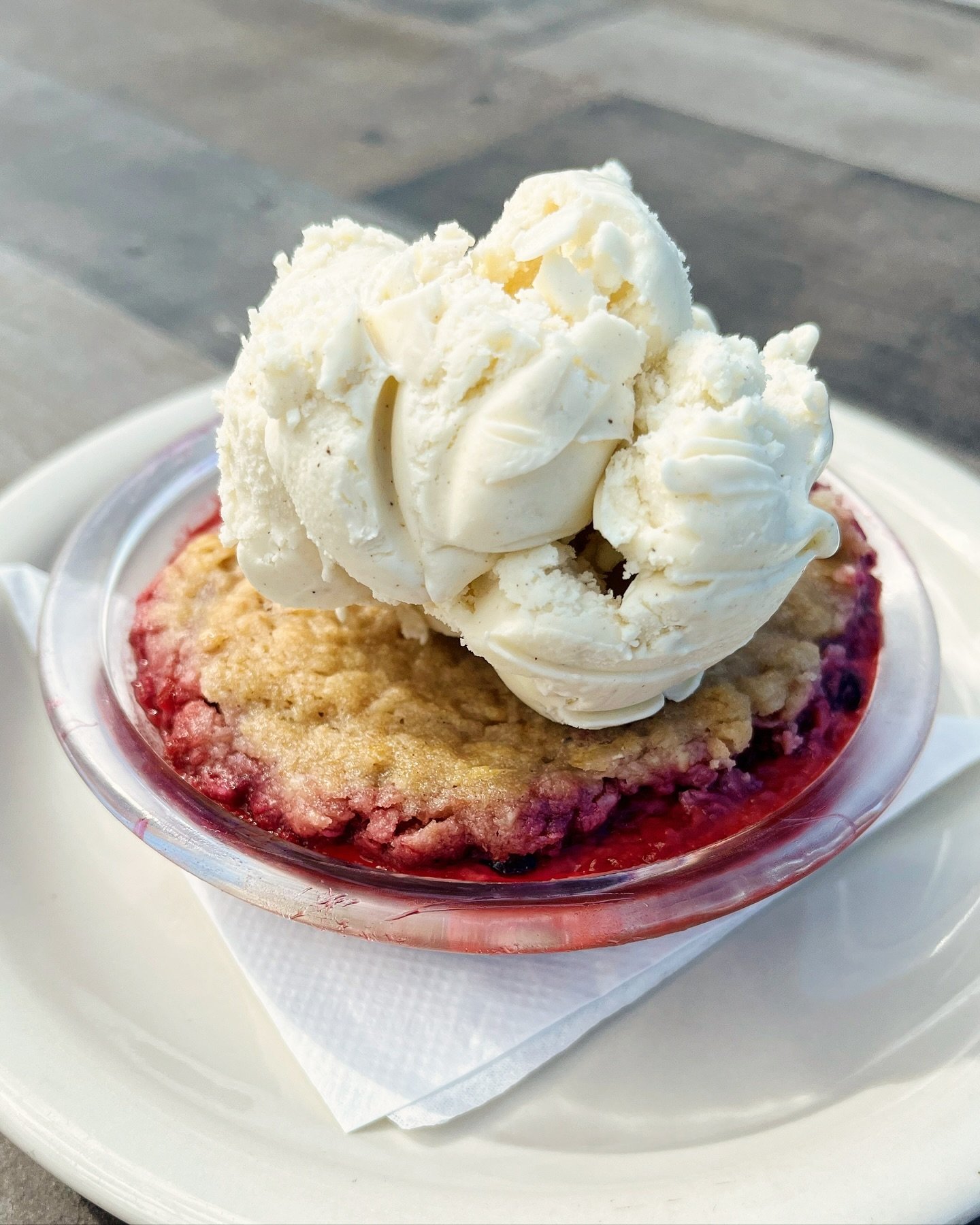 Triple Berry Crisp topped with Lopez Island Creamery&rsquo;s Vanilla Bean Ice Cream. Come and get one while you can!