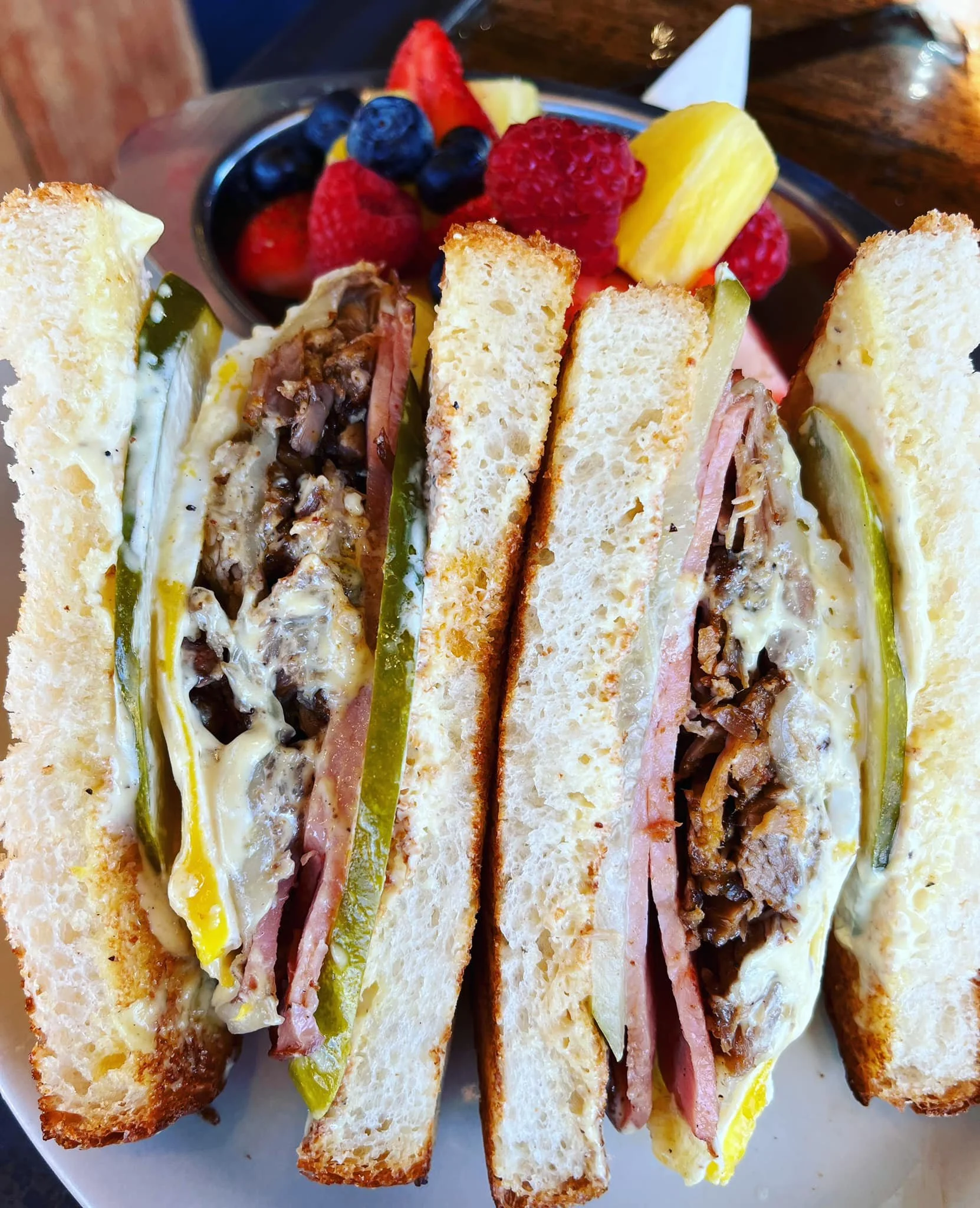 Last week for ou our Breakfast Cubano on special! Made with grilled marinated pork, Jack Mountain Meats ham, melted swiss, dill pickle, fried egg, and dijonaise on toasted honey white. Served with breakfast potatoes or fruit.