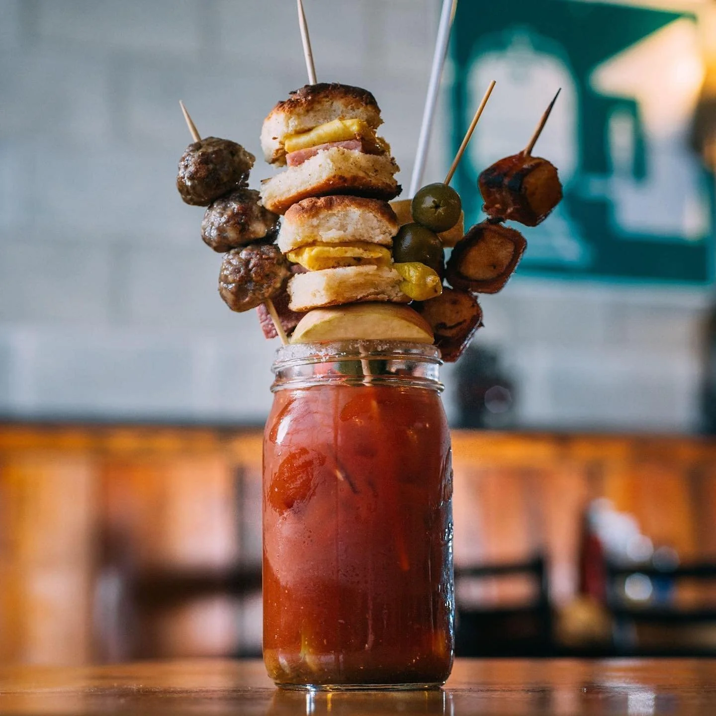 Post-Thanksgiving survival mode: Step 1: Bloody Mary. Step 2: Repeat. 

Our double bloody mary served in a quart mason jar and stuffed full with all the fixings! Ham, egg &amp; cheddar biscuit sliders. Bacon wrapped potatoes. Sausage meatballs. Ham s
