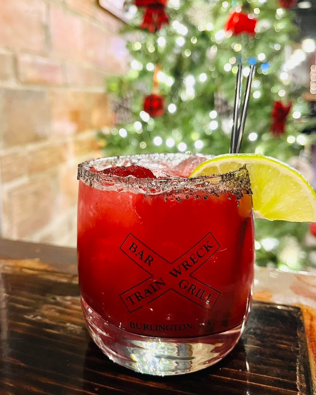 Holiday Cheer Margarita 🎄 Teremana Tequila, lime, jalape&ntilde;o lime simple syrup, a squeeze of cranberry puree and a splash of sour&mdash;shaken and served with a black salted rim, $10.50. Come and try one for Margarita Monday!