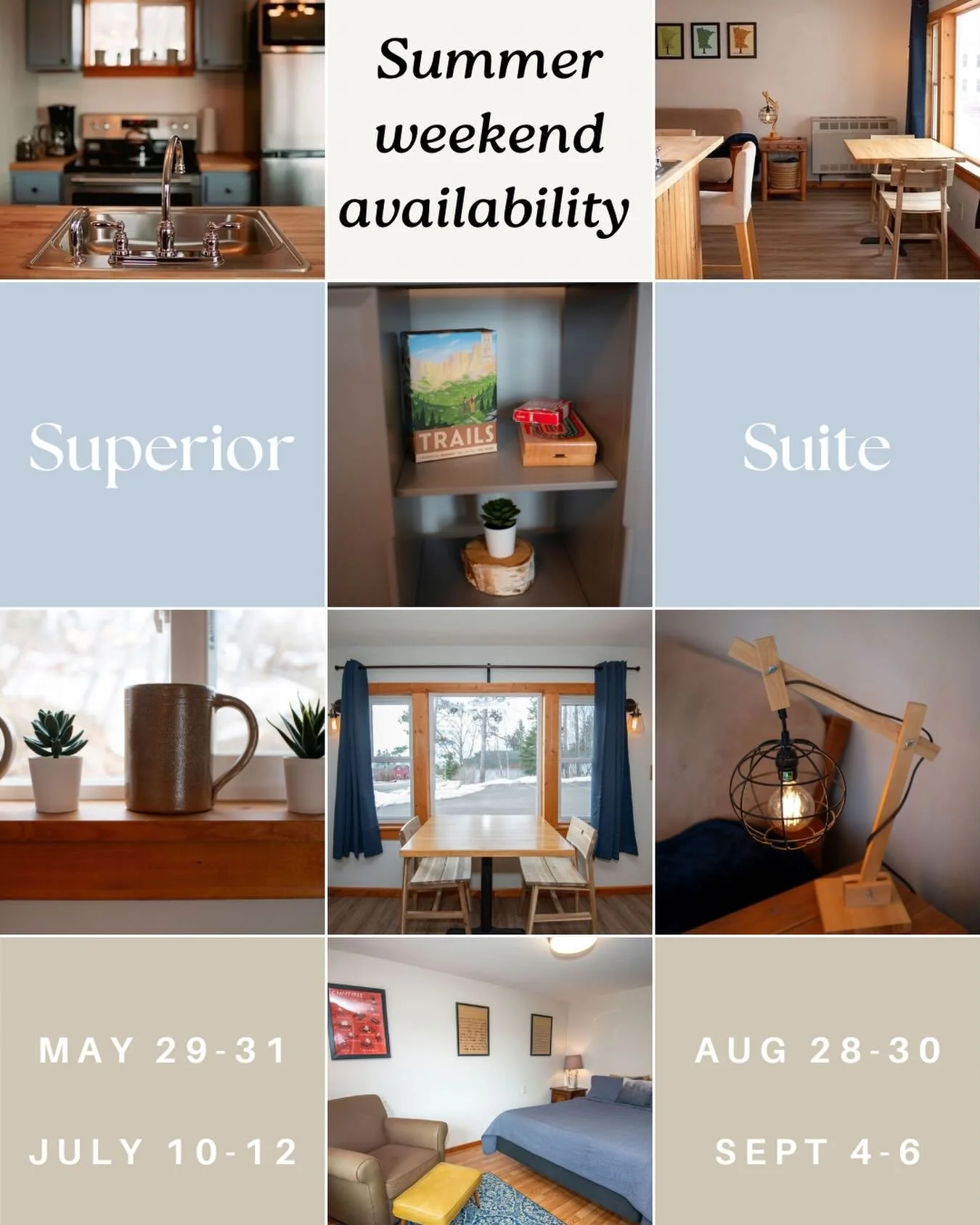 There are still opportunities to book a summer weekend (Friday to Sunday) vacation! Weekends are booking up quickly but the Superior Suite has vacancies throughout the summer season. This room sleeps 4, has a full kitchen, and is walkable to downtown