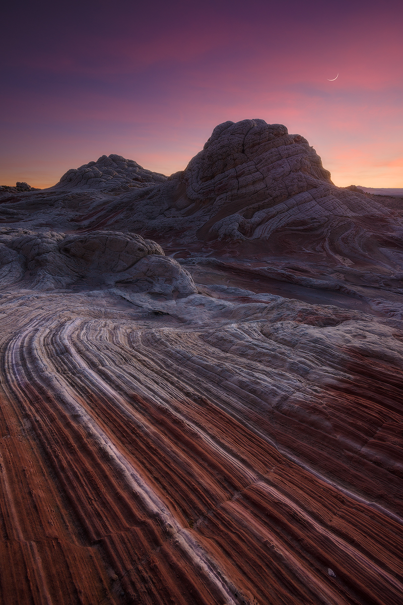 "Desert Striations" -- the otherworldly geology and colors of White Pocket Nikon D800e, Nikon 14-24 @ 14mm. Four image blend for depth of field and to control dynamic range. Moon = Nikon 70-200 f/4 @ 98mm. Yes, the moon was very nearly in that exact spot.