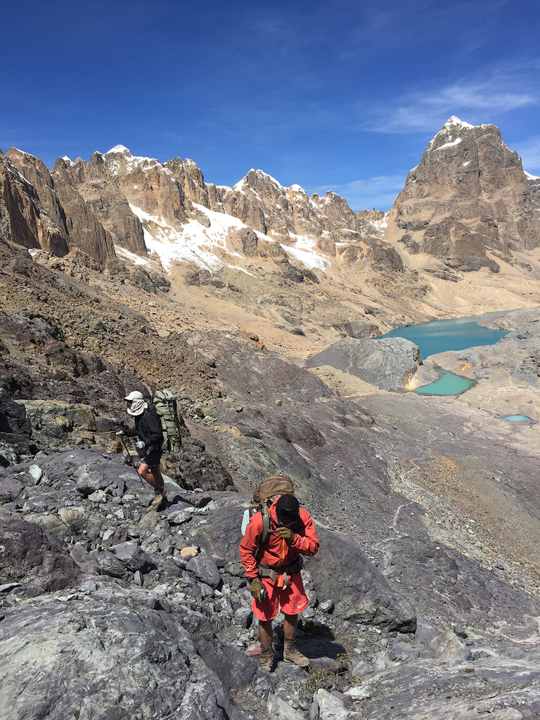 Andrew (left) and Jesper descend into a high alpine valley just beyond Trapecia Punta (16,500 ft)