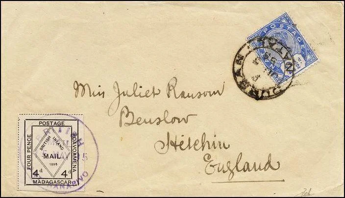 A cover (4d white & black British Mail stamp), dated 1895 (5 May), sent to Manchester cancelled by a strike of ‘BRITISH MAIL ANTANANARIVO’ in violet, with Natal 1891 2 ½d bright blue tied by a Durban (July) cancel.