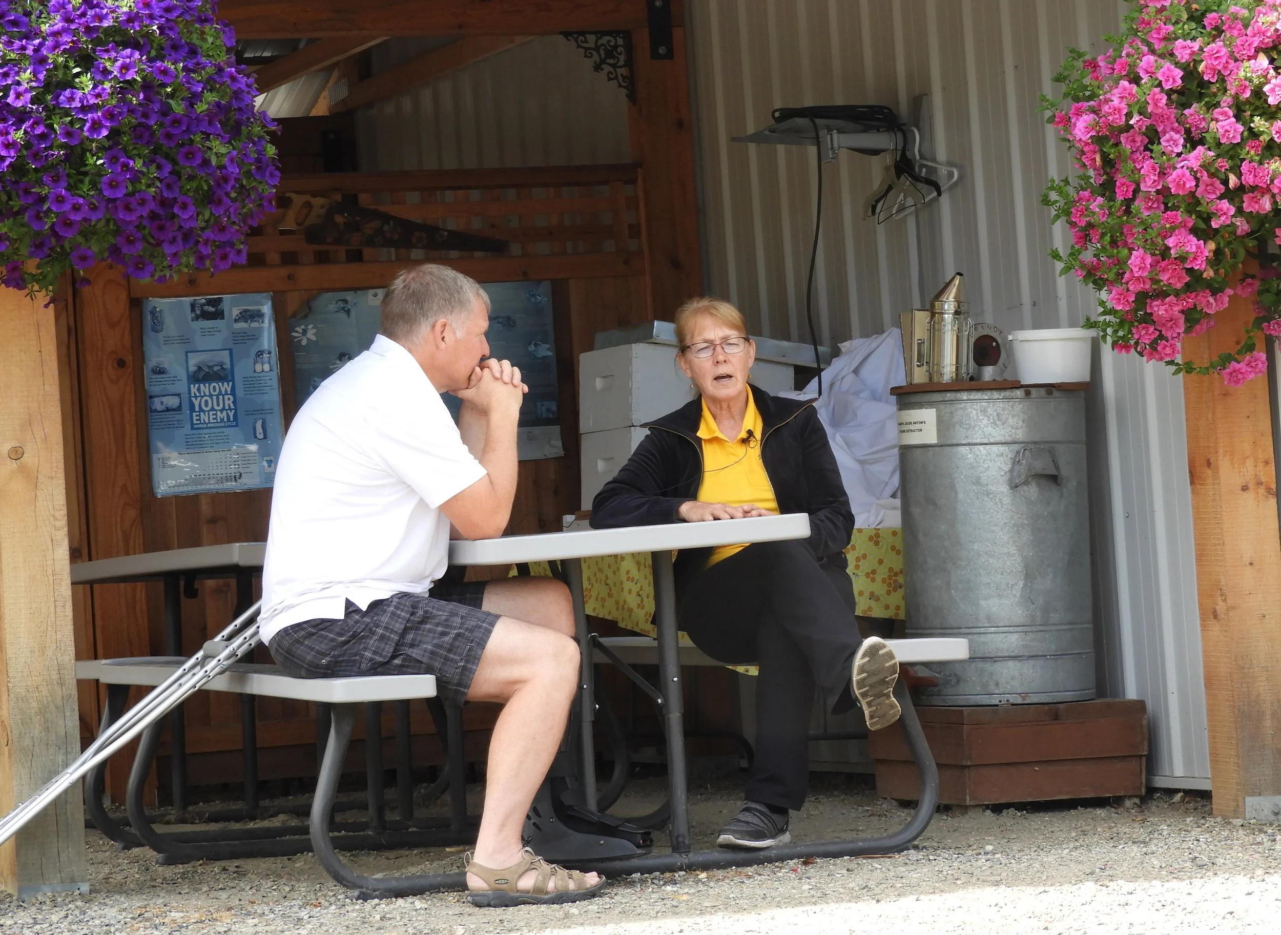 Helen and I chatting about the birds and the bees - but mostly bees...