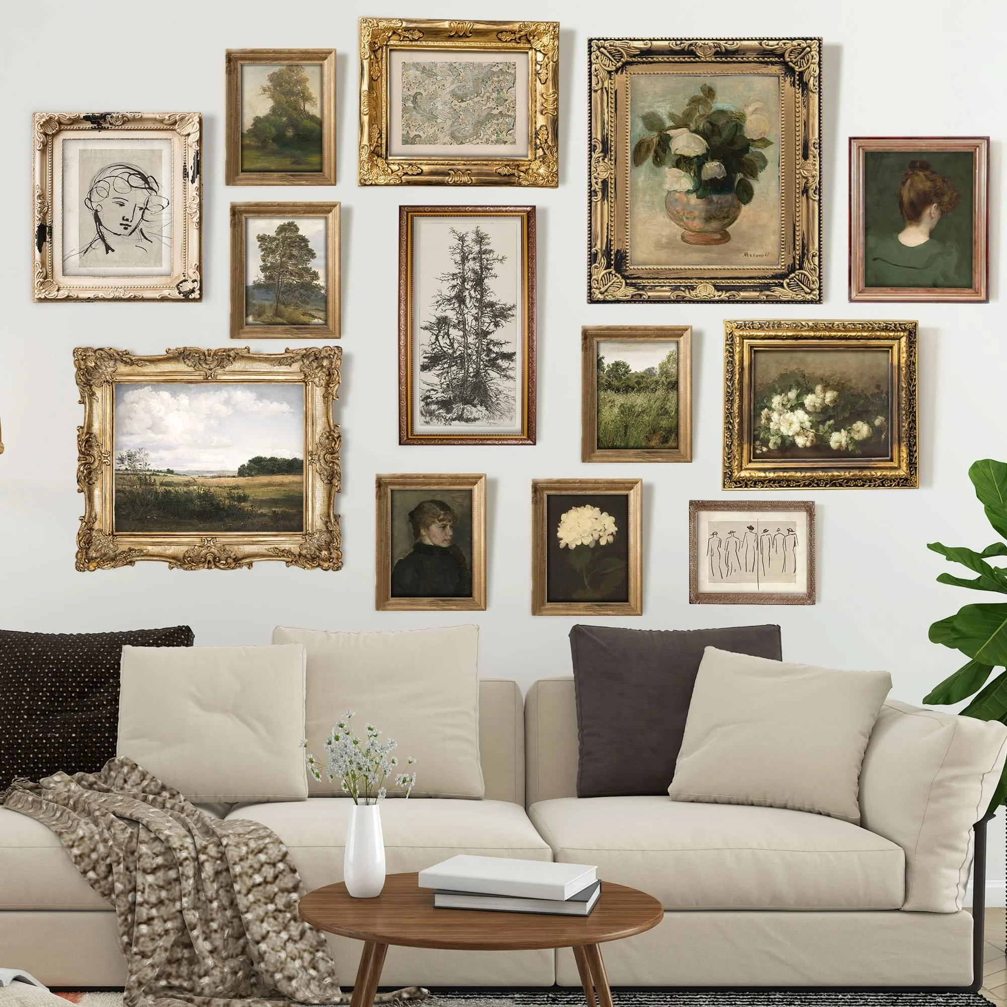 A neutral living room with a cozy sofa and coffee table sits beneath a gallery wall of framed landscape and botanical artwork in vintage frames.