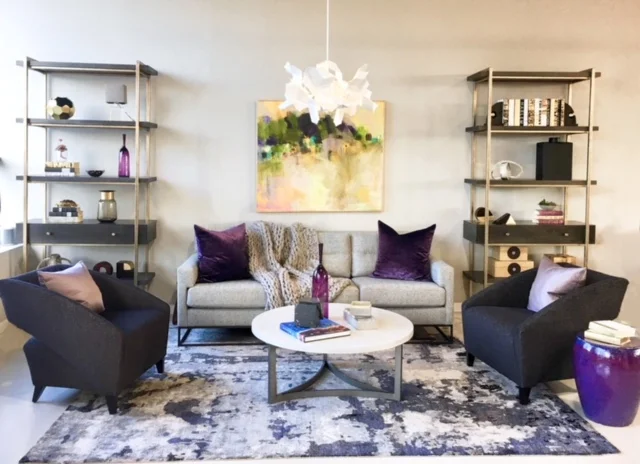 home styling in delray beach of a modern living room with purple accents