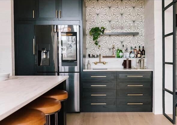 Gray kitchen with mod b/w tile backsplash 