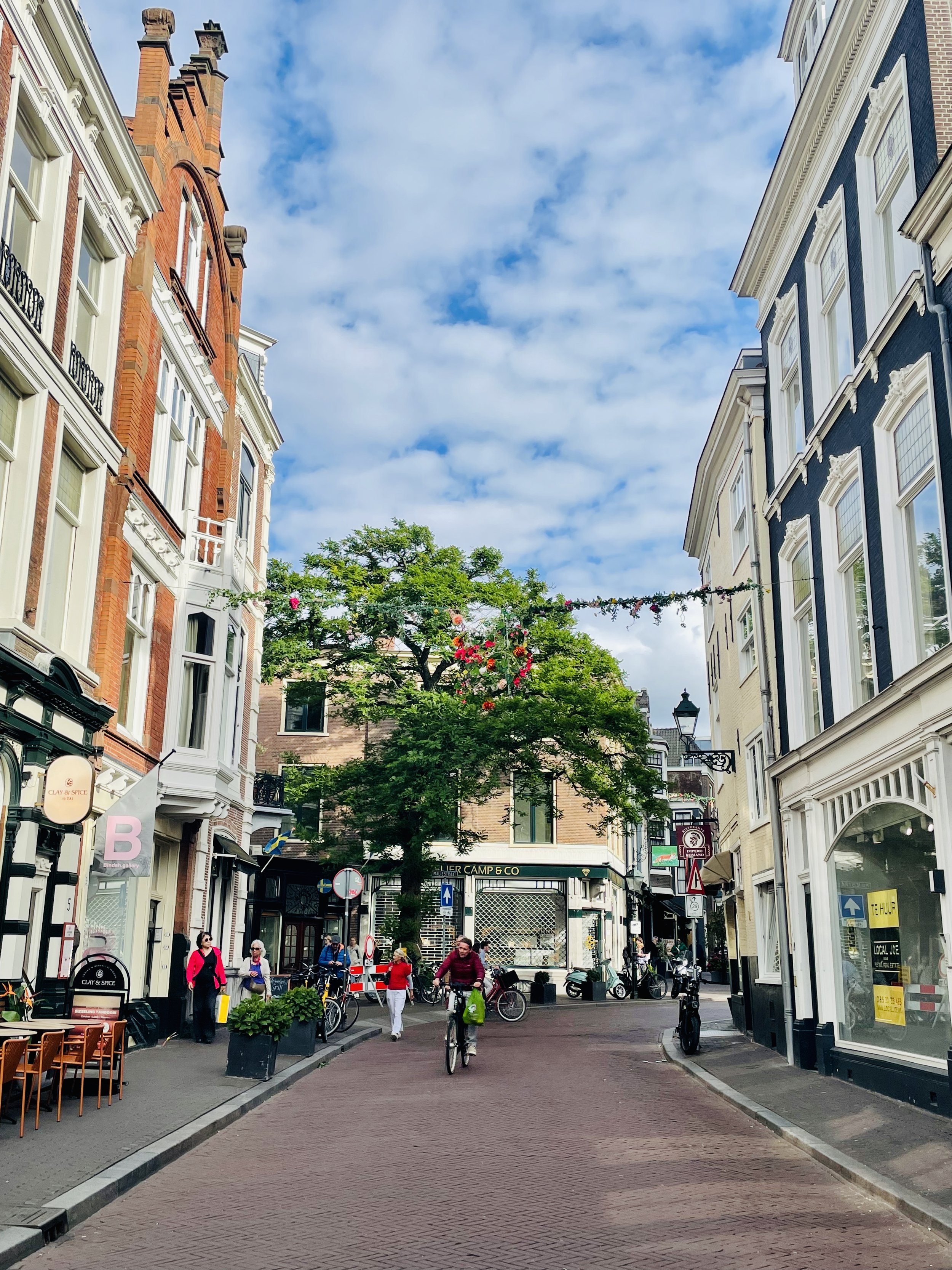 Shopper and cyclists on Denneweg, a historic brick shopping street in The Hague lined with tall Dutch townhouses.