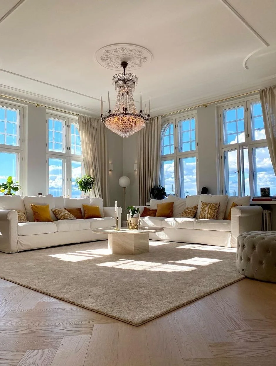 Palm Beach coastal grand salon with crystal chandelier and sea views
