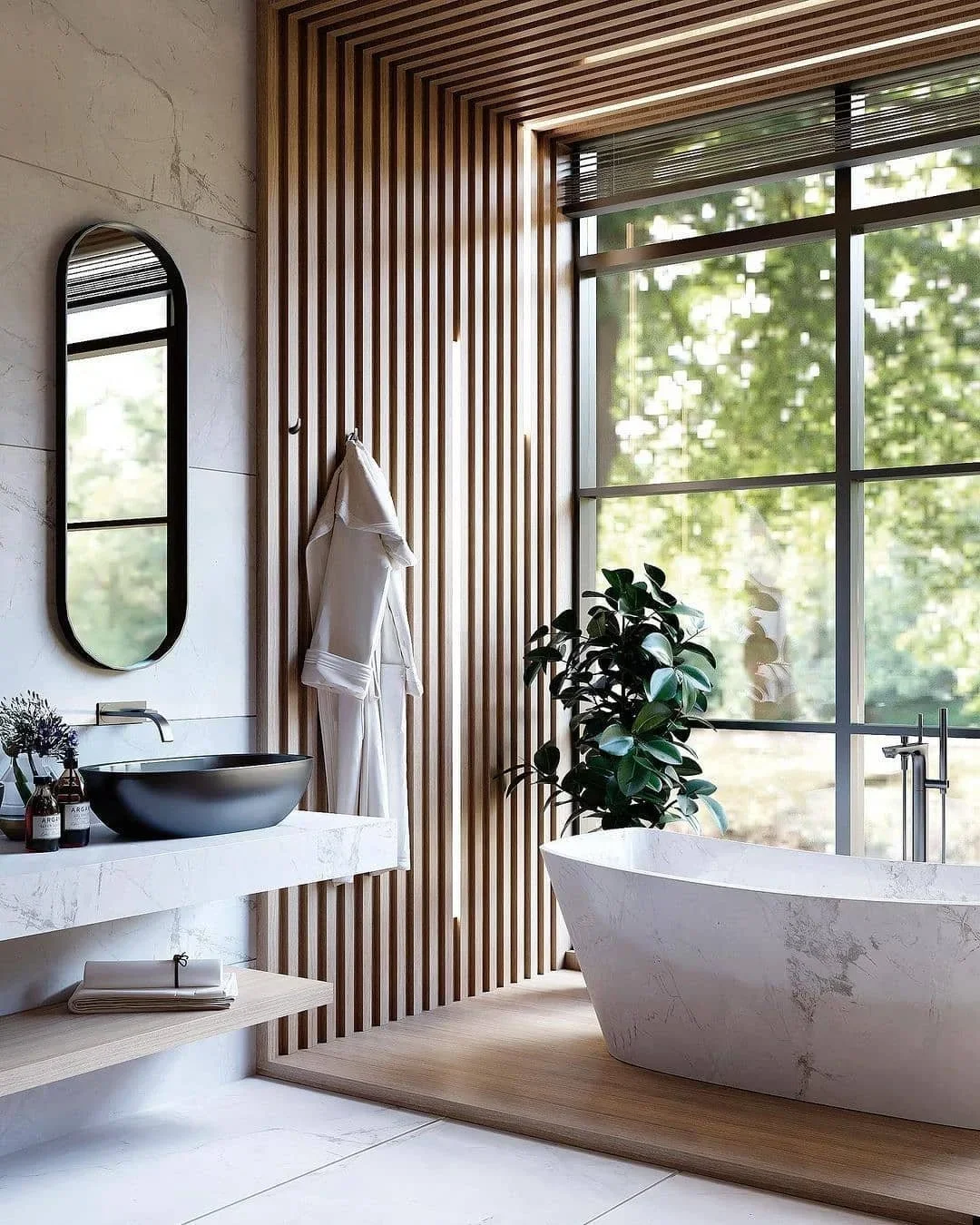 Modern luxury spa bathroom with marble tub and wood slat wall