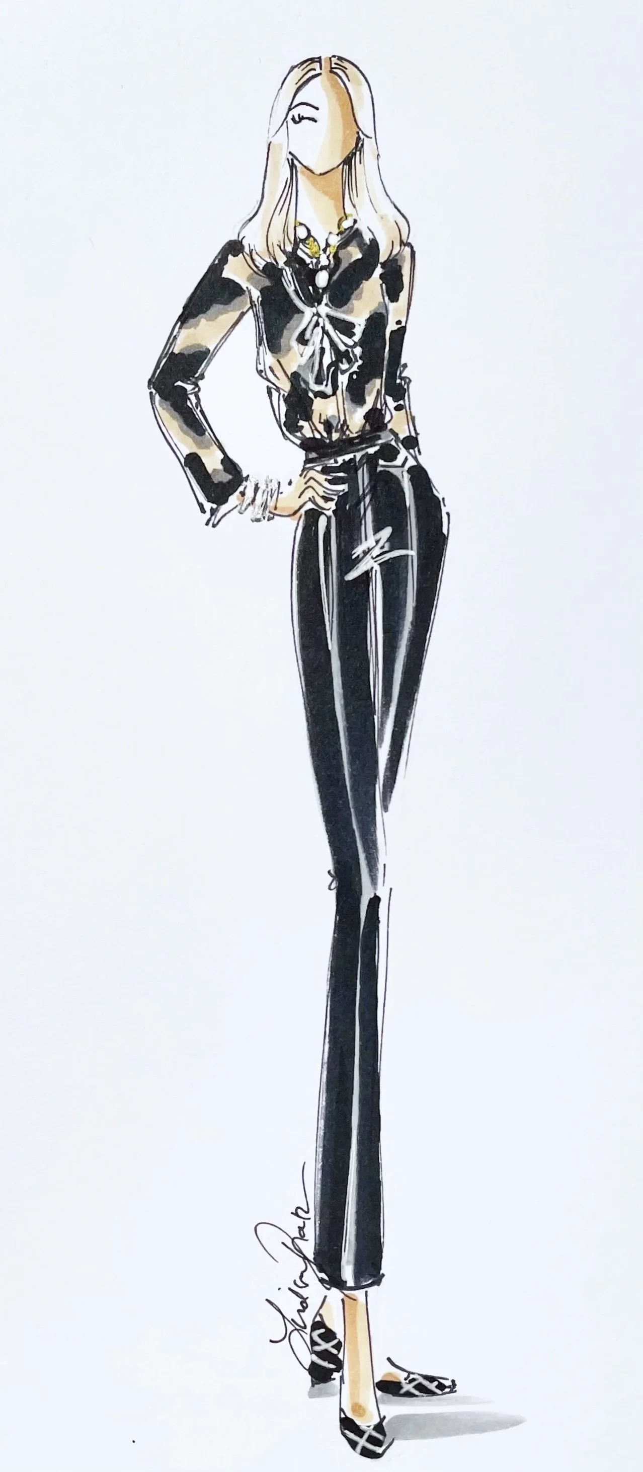 An illustration of Denise Jadd, Interior Designer of South Florida's Domaine Luxe, wearing a stylish black and off white abstract print blouse with a bow, big pearl necklace, black pants, with black quilted shoes.