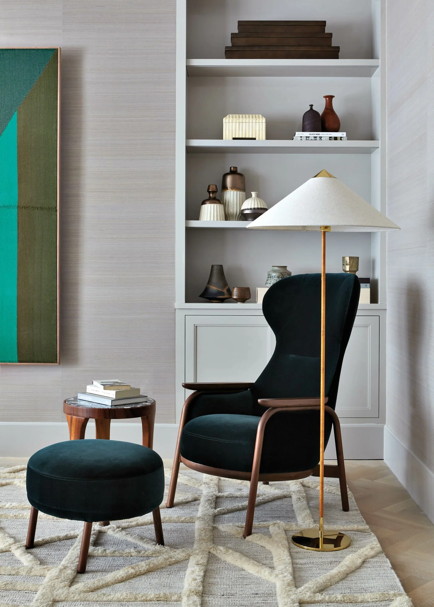 Quiet luxury Palm Beach sitting area with sculptural chair