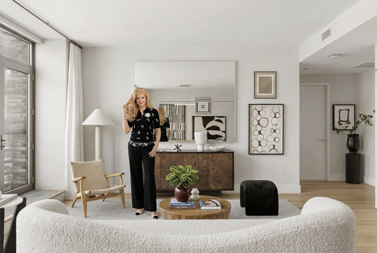 Luxury Palm Beach Designed Condo with organic furnishings, boucle sofa, wood, mirror, modern art and a touch of greenery, with Denise Jadd, Interior Designer.