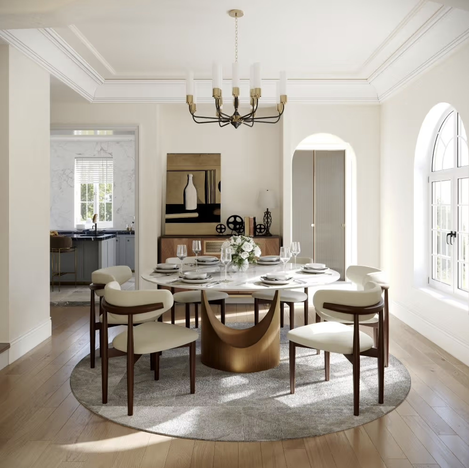 Elegant dining room table set with natural linens, ceramic serving pieces, and candlelight for an intimate evening gathering.