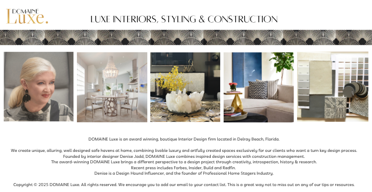 Domaine Luxe 2026 Blog Footer, with  photos of Interior Designer Denise Jadd, a bespoke kitchen, living rooms, and finishes.