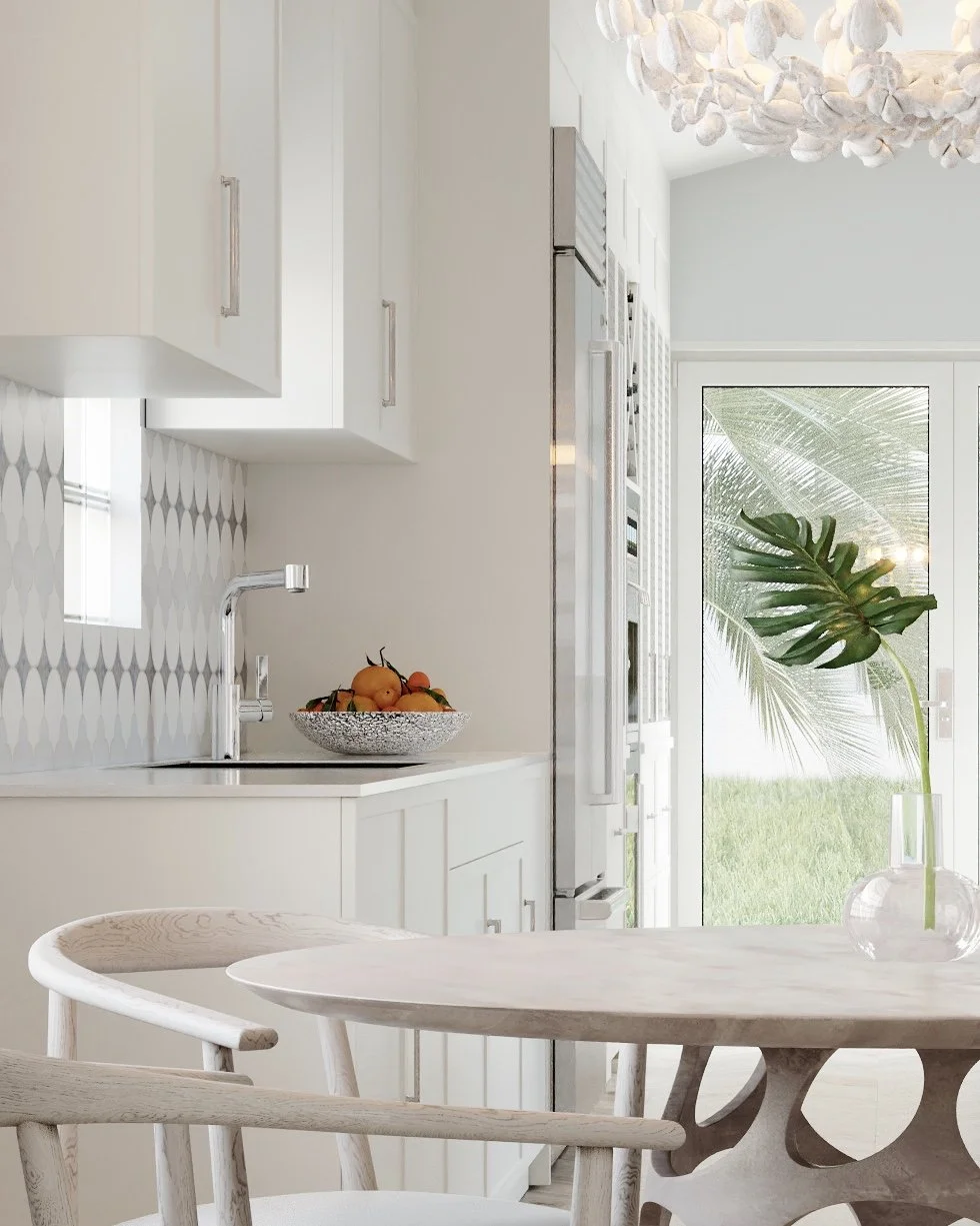 Delray Beach Kitchen in blue and white modern coastal design shows a view from the eat in area with gorgeous chandelier to the sink wall with the luxury refrigerator beyond.