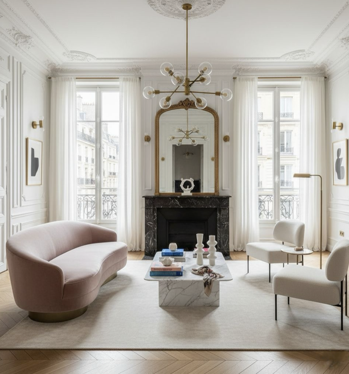 A Parisian living room is decorated with modern furnishings, a mauve curved sofa and two armless chairs around a marble cocktail table, all floating in the middle of the room.