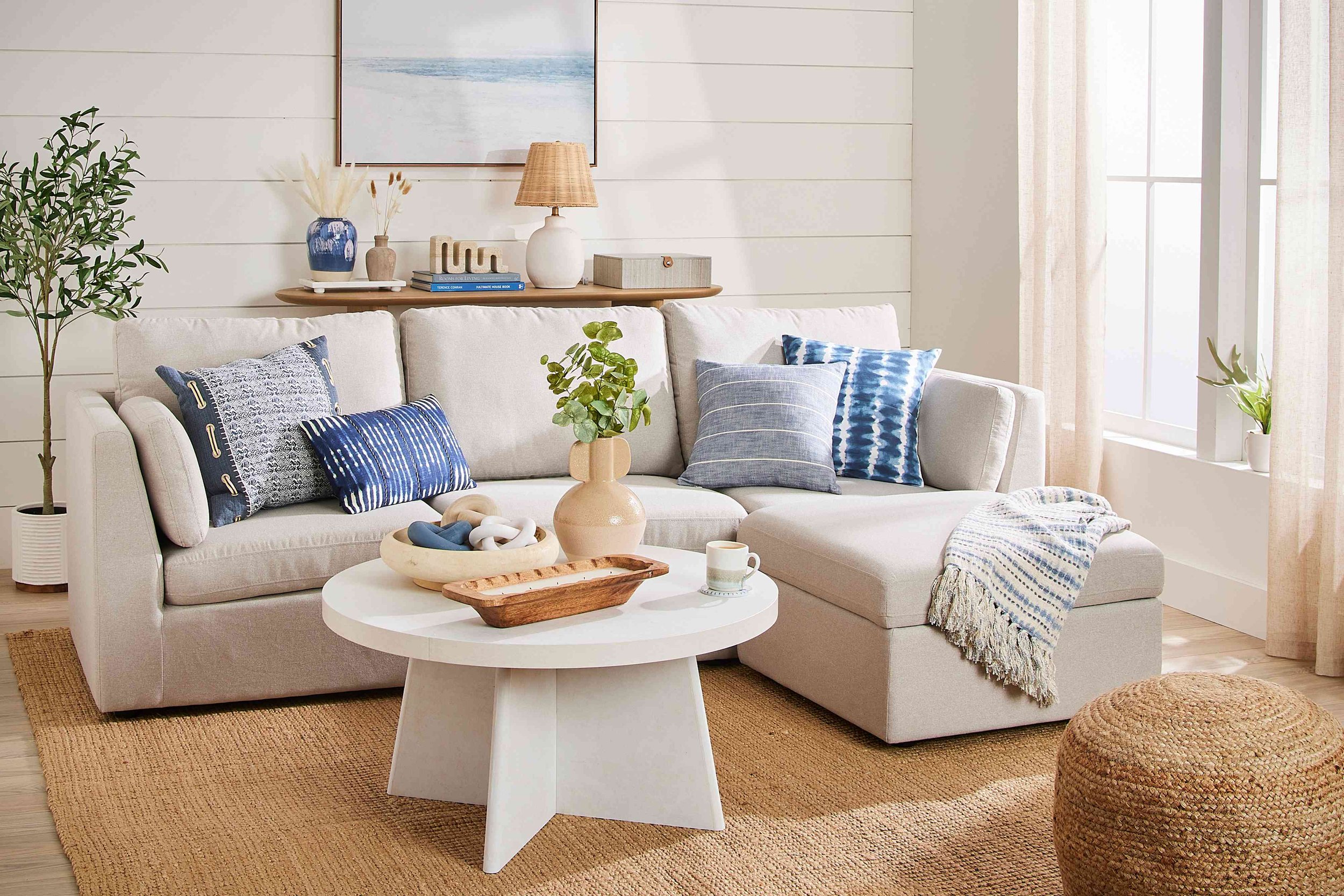 Coastal style Palm Beach living room warm small white sectional