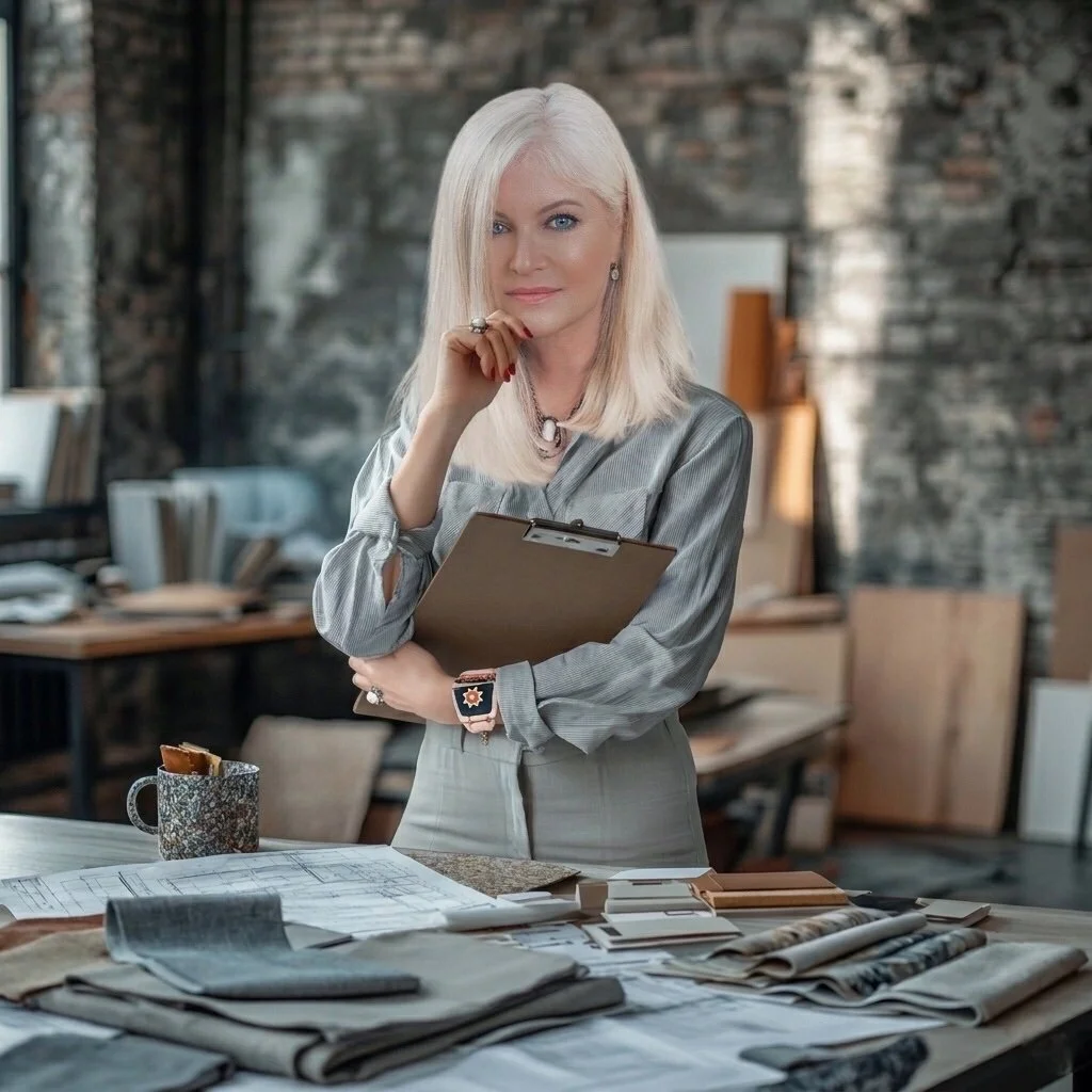 Designer Denise Jadd in design studio seen standing and working at a desk with drawings, fabric, and wood samples.