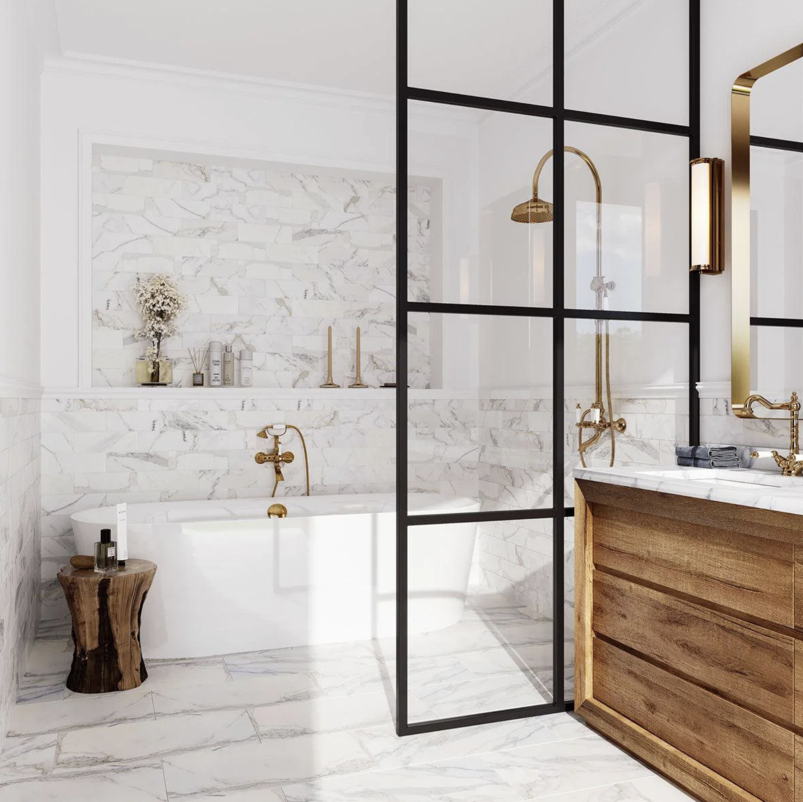 Bright spa-inspired Palm Beach luxury bath with glass shower and freestanding tub