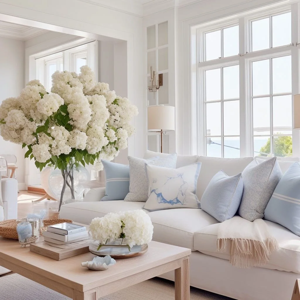 Bright Palm Beach coastal living room with white sofa and blue pillows, white hydrangeas.