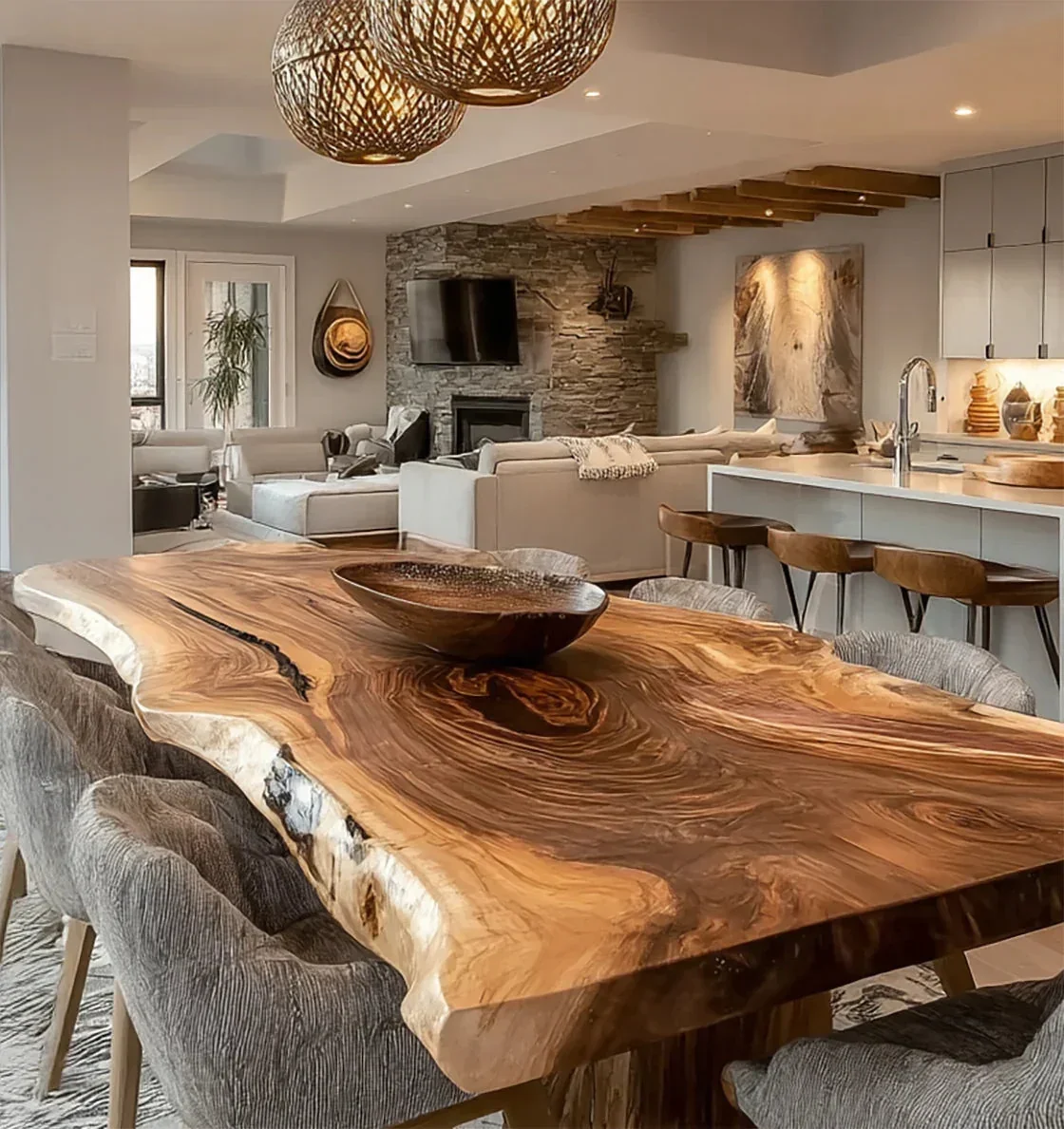 Natural wood table with visible grain adding warmth and texture to a refined interior.