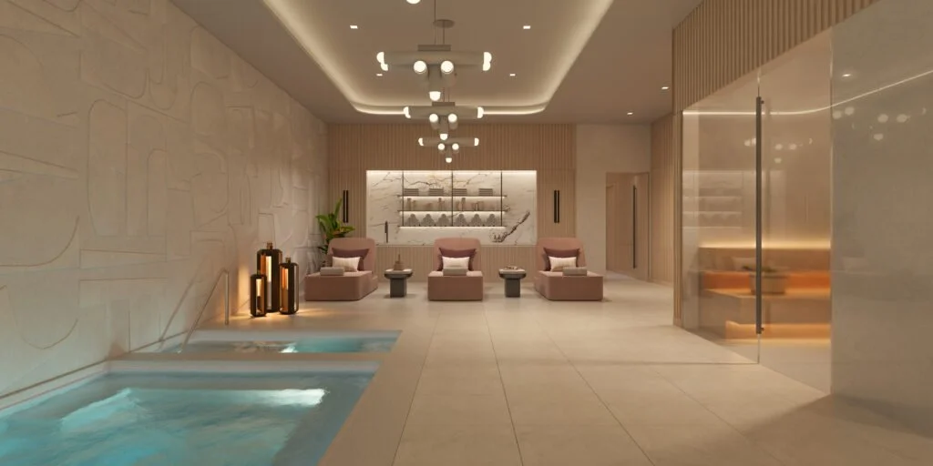 Luxury Palm Beach spa with vitality pool and modern lounge chairs