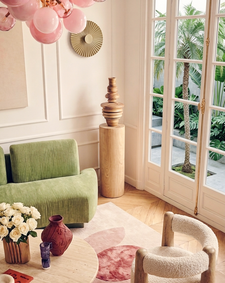 When architecture is considered and the interiors are composed: this Palm Beach living room has the essence of French chic, with traditional moulding, French doors, and chevron wood floors. The decor has a collected modern mix of art and furnishings.