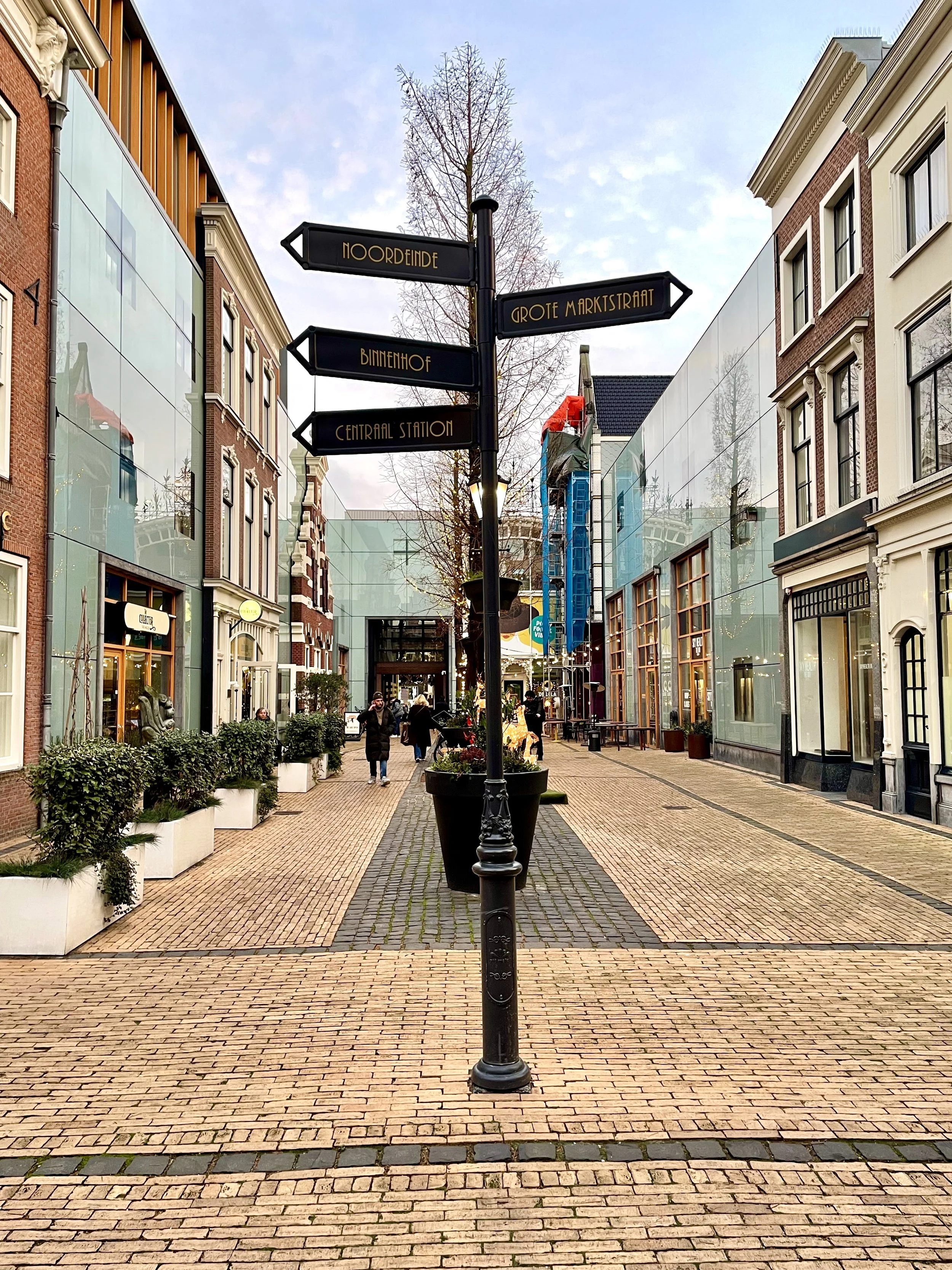 Directional street sign in a brick pedestrian shopping lane in The Hague, surrounded by historic and modern buildings.