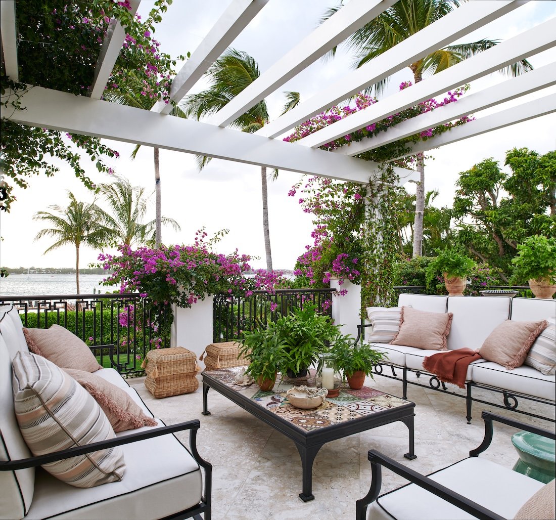 Palm Beach luxury terrace with pergola and water view