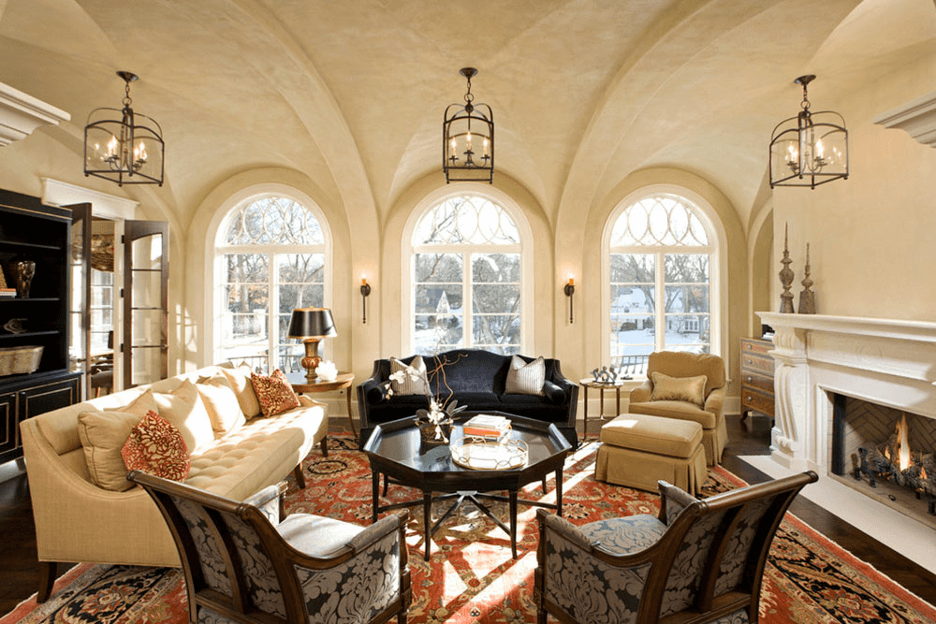 Bright Palm Beach coastal chic great room with vaulted beams