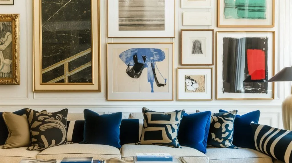Curated gallery wall in neutral luxury living room.