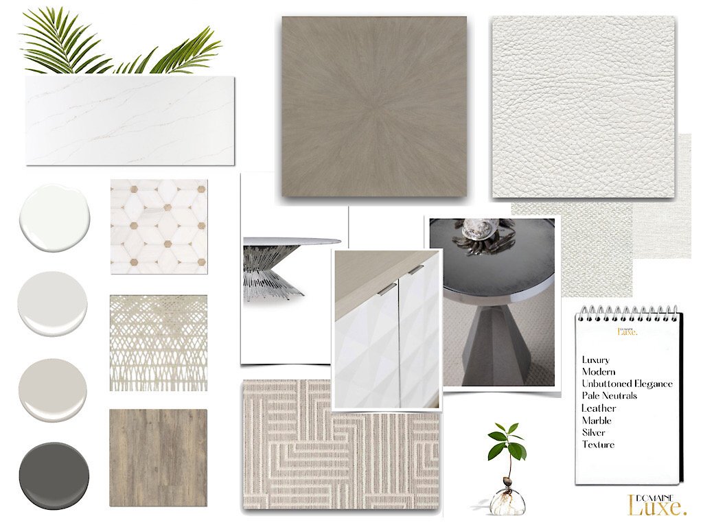 A Manalapan design project of neutrals in the interior design process attributes board shows oak wood flooring, other wood samples, marble, tile and paint finishes and furnishings for great room design in Manalapan, Florida.