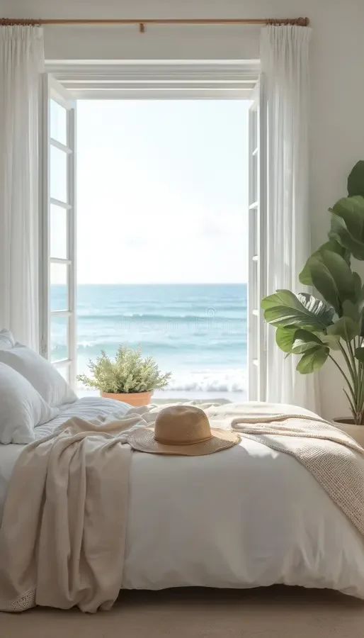 Bright Palm Beach luxury bedroom retreat with beach view, potted plant, and relaxed linens