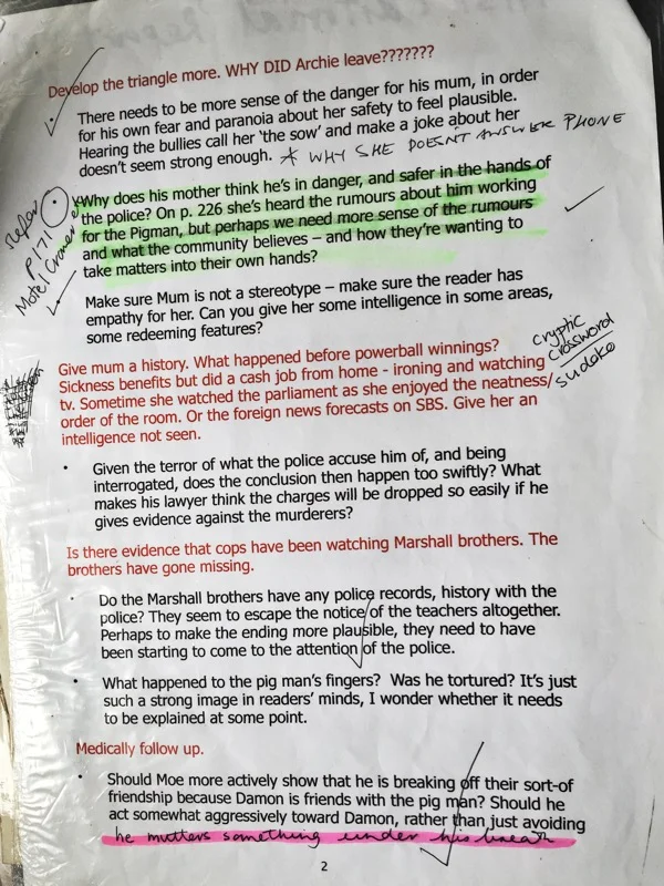 These are structural edit notes from my editor after the first read of the first draft. Basically we look at big picture stuff.
