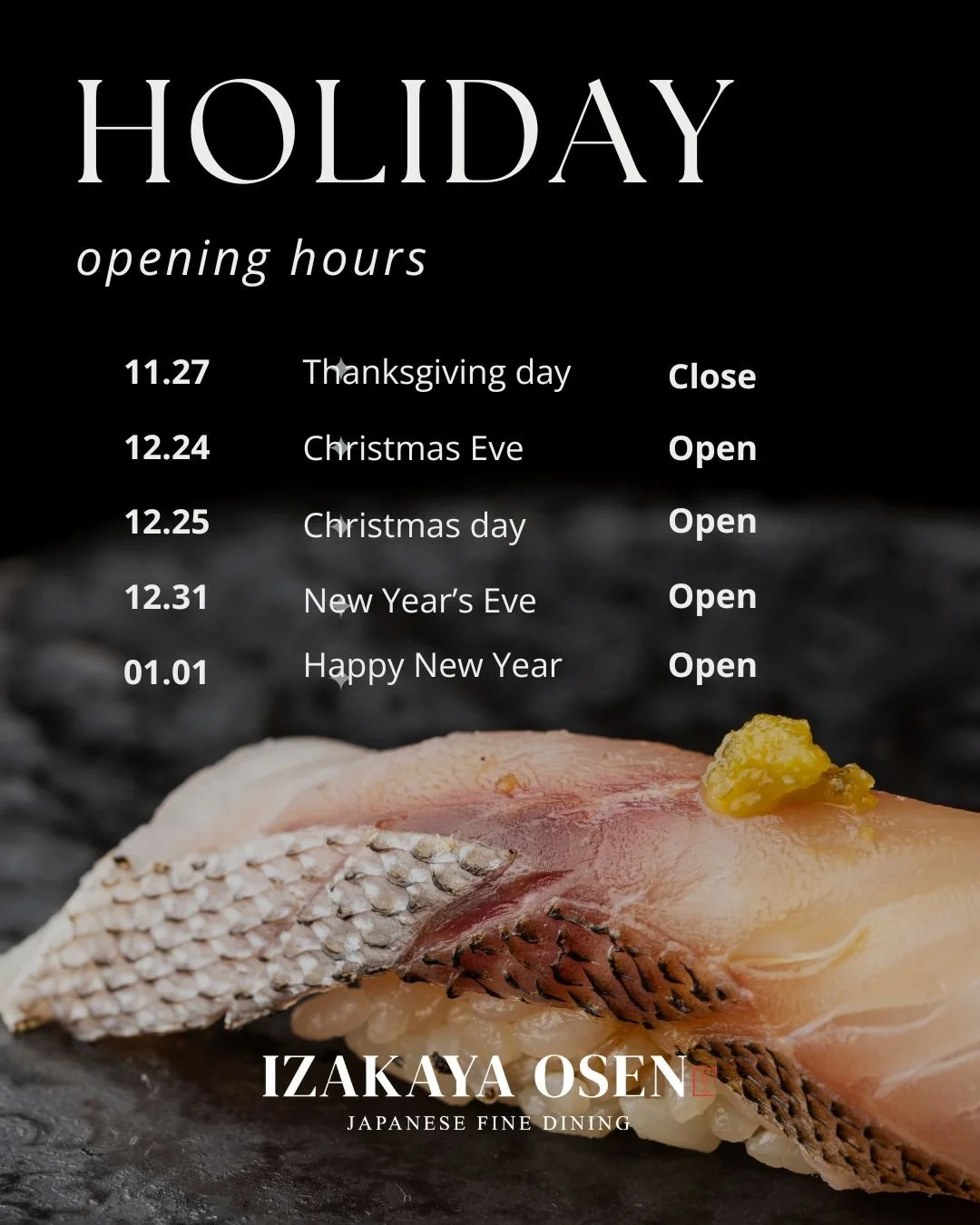 🎉 Holiday Hours Announcement 🎉

We&rsquo;re here to make your holidays extra special! 🌟
✨ Closed: Thanksgiving Day (11/27)
✨ Open:

Christmas Eve (12/24)
Christmas Day (12/25)
New Year&rsquo;s Eve (12/31)
New Year&rsquo;s Day (1/1)
Celebrate the s