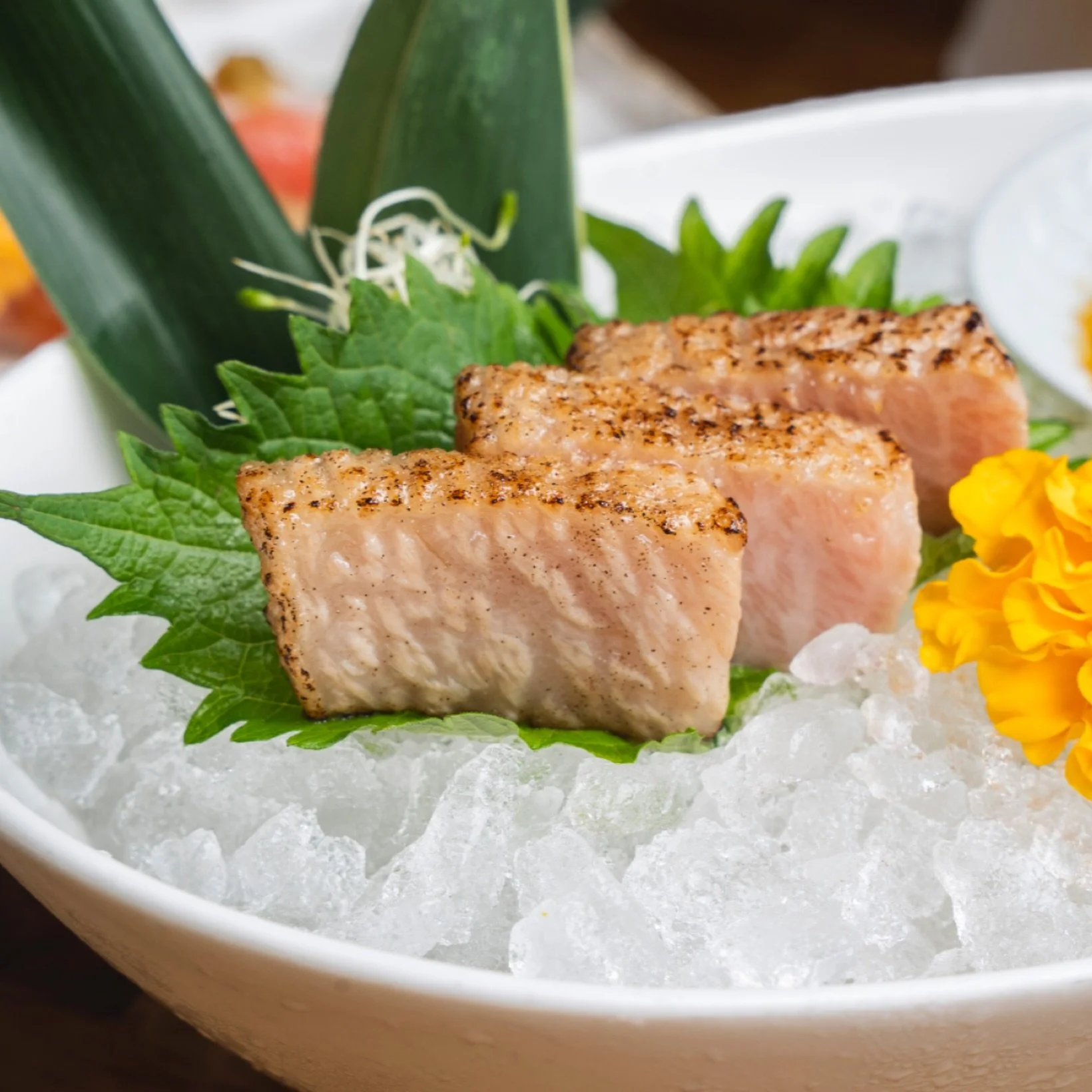 #DineLA 🫕 #TestingMenu

💖 SEARED TORO 🎏
Lightly seared tuna belly sashimi with sweet soy on the side, served with ginger and green onion.