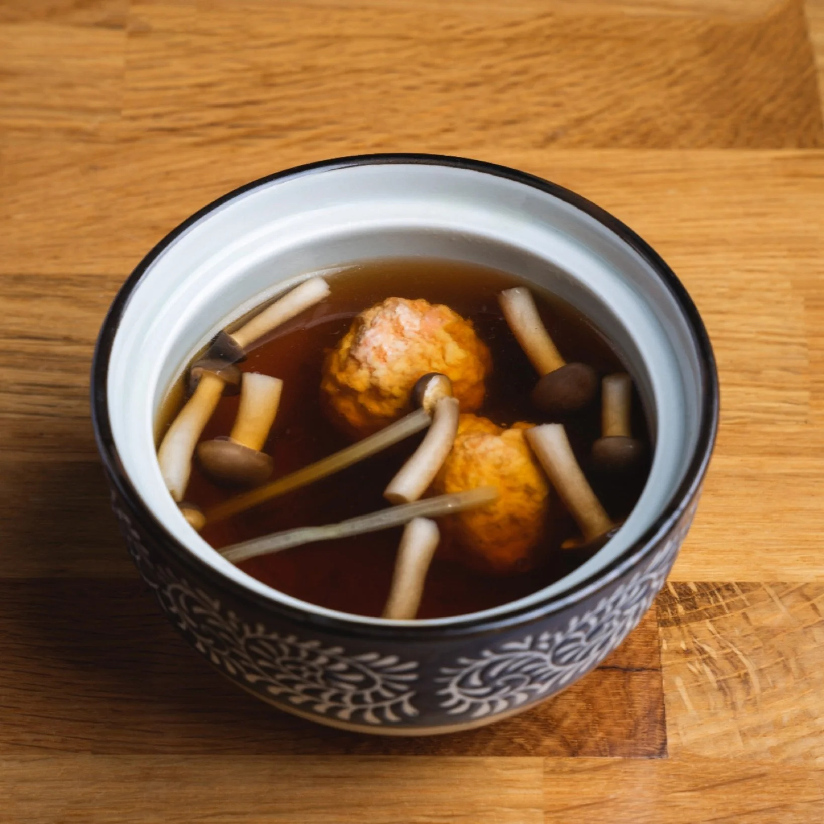 #DineLA 🫕 #TestingMenu 

✨ SALMON TSUMIRE SOUP 🍜
House-made salmon tofu ball in a delicate dashi broth with soy sauce and shimeji mushrooms