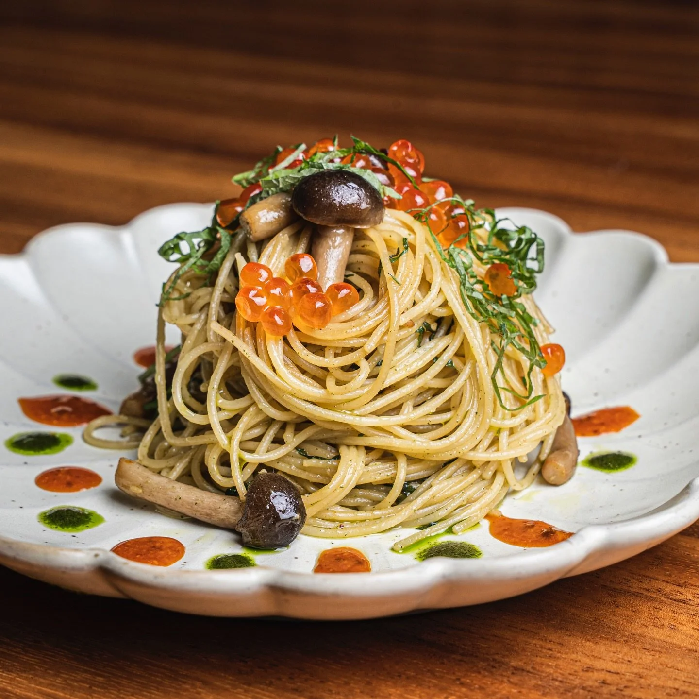 Seventh Course of Omakase &ndash; Shiso Shimeji Pasta 🍝 

Delicate capellini pasta tossed with shiso leaf, 🍀 shimeji mushrooms, and garlic, finished with ikura, and dressed in a harmonious blend of house soy sauce, shiso oil, and uni for a luxuriou