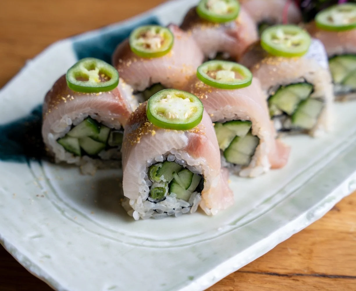 Silver Lake Maki
Tempura scallions and cucumber, topped with yellowtail, serrano, yuzu powder, chili powder, and ponzu ✨